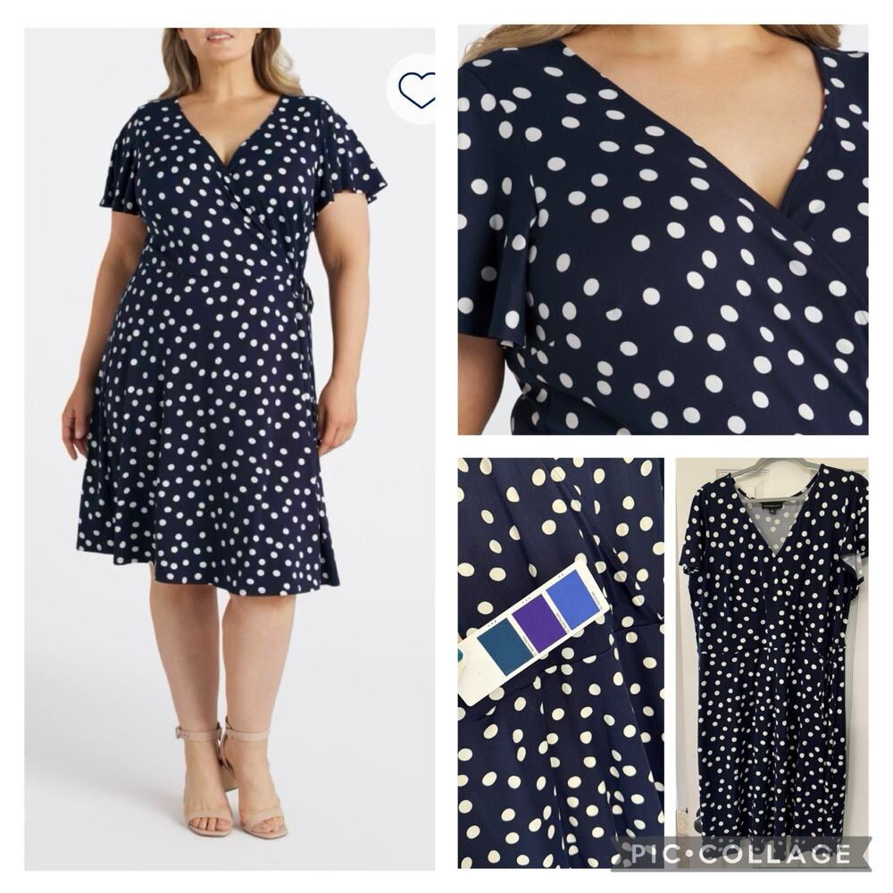 Fortune + Ivy Womens 1X Navy White Polka Dot Wrap V-Neck Flutter Knee Tie